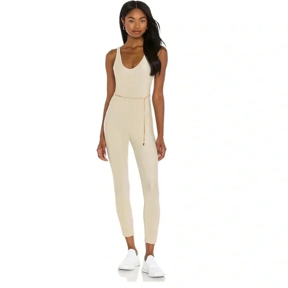 WeWoreWhat Scoop Neck Sleeveless Ribbed Jumpsuit in Khaki Size XS NO BELT